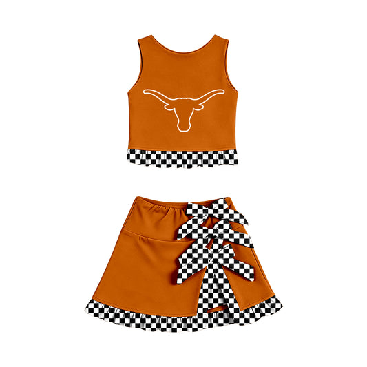 Preorder(moq 5)Baby Girls Longhorns Vest Top Bows Skirt Short Team Clothes Sets