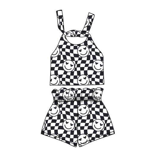 Preorder (moq 5)Baby Girls Black Checkered Smile Straps Top Shorts Clothes Sets