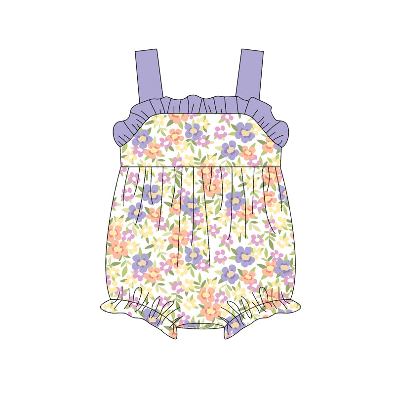 Preorder(moq 5)Baby Infant Girls Lavender Strap Watercolor Floral Ruffle Rompers