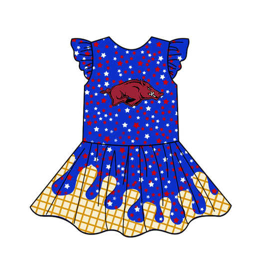 Preorder (moq 5)Baby Girls Flutter Sleeves Drip Red Bull 4th  Of July Team Knee Length Dresses