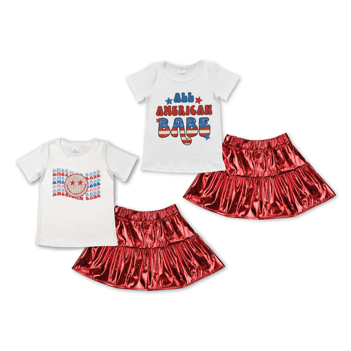 Sibling Baby Girls American Babe Smiles Shirts Top Red Leather Skirts 4th Of July Sets