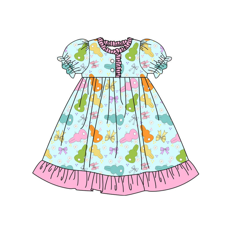 Preorder(moq 8)Baby Girls Colorful Bows Rabbits Button Ruffle Easter Knee Length Dresses