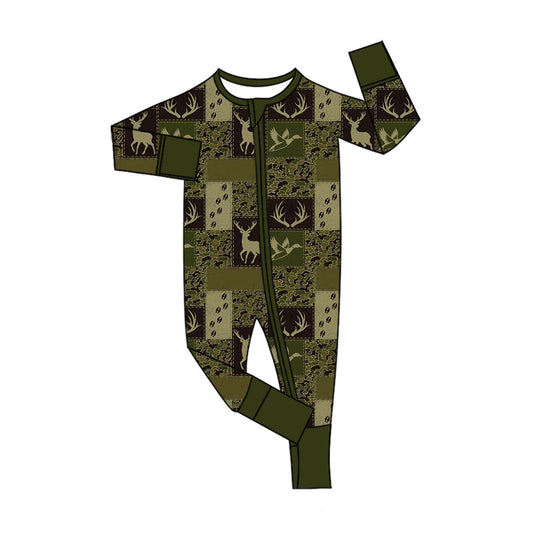 Preorder (moq 5)Baby Boys Deer Ducks Camo Hunting Two Way Zip Convertible Rompers