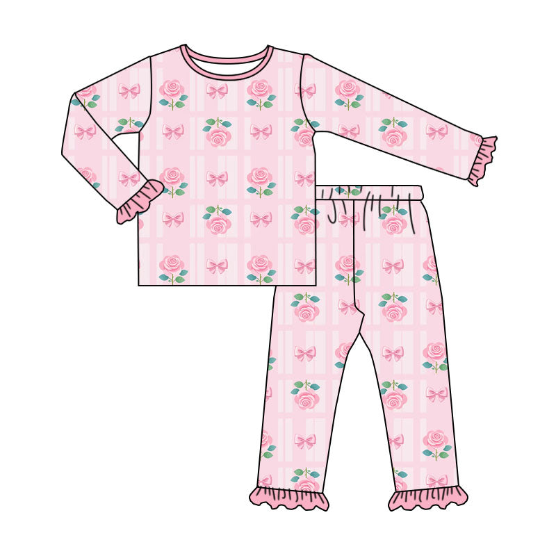Preorder (moq 5) Baby Girl Clothes Rose Bow Plaid Print Ruffle Cuff Long Sleeve Pajama Set