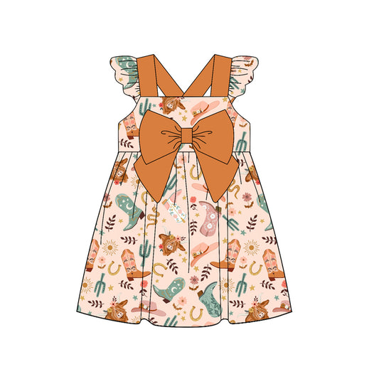 Preorder (moq 5)Baby Girls Pink Flutter Sleeves Highland Cows Boots Knee Length Dress