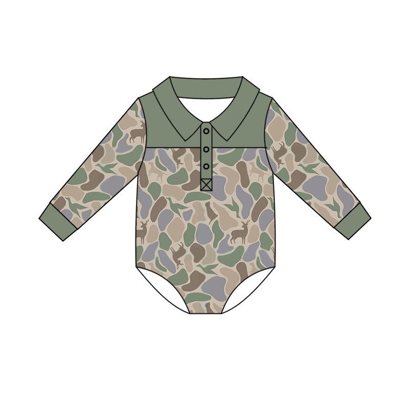 Preorder (moq 5)Baby Boys Long Sleeve Deer Dogs Ducks Button Hunting Rompers