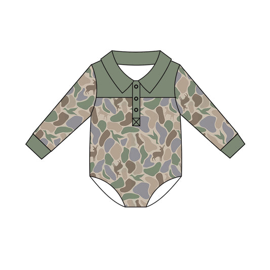Preorder (moq 5)Baby Boys Long Sleeve Deer Dogs Ducks Button Hunting Rompers