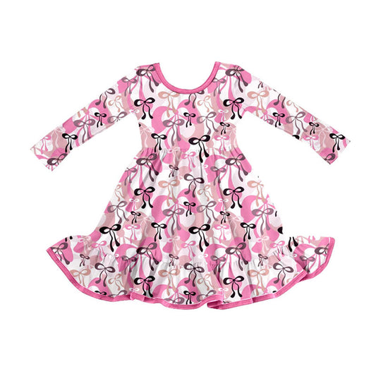 Preorder(moq 8)Baby Girls Pink Black Bows Plaid Ruffle Knee Length Dresses