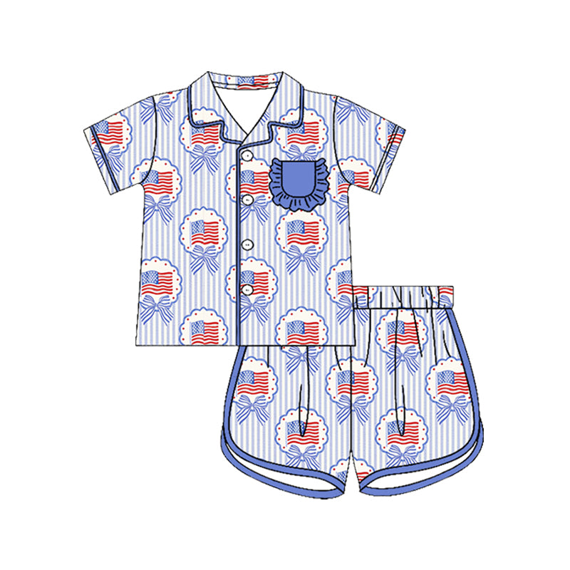 Preorder (moq 5)Baby Girls Bow Flags Stripe Button Pocket Top Short 4th of July Pajamas Sets