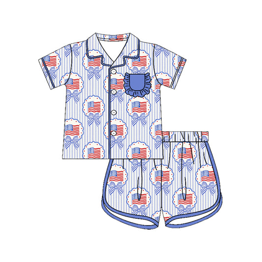 Preorder (moq 5)Baby Girls Bow Flags Stripe Button Pocket Top Short 4th of July Pajamas Sets