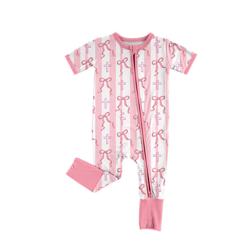 Preorder (moq 5)Baby Girls Pink Bows Cross Stripe Easter Zipper Footie Rompers