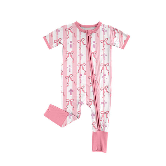 Preorder (moq 5)Baby Girls Pink Bows Cross Stripe Easter Zipper Footie Rompers