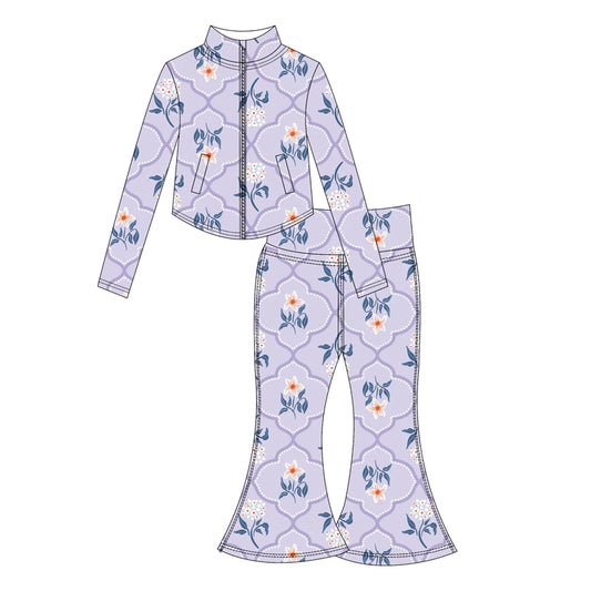 Preorder moq 10 Baby Girls Lavender Flowers Plaid Long Sleeves Pockets Zipper Top Bell Bottom Pant Activity Wear Yoga Set