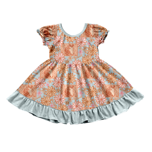 Preorder (moq 5)Baby Girls Daisy Flowers Horses Western Ruffle Knee Length Dresses