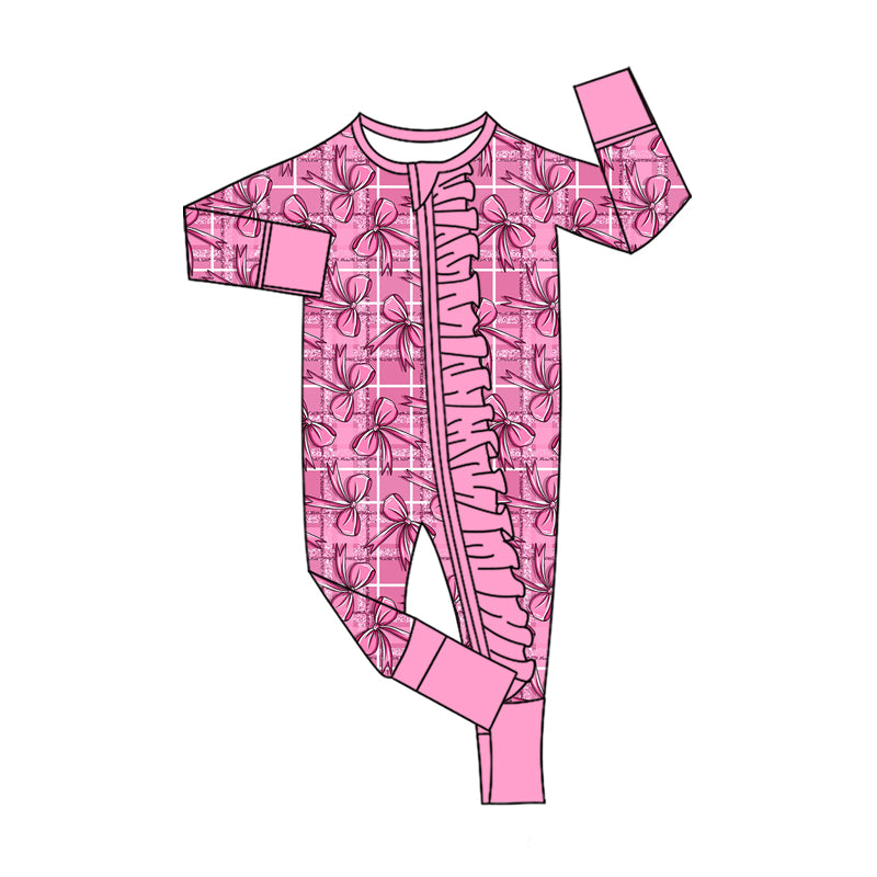 Preorder (moq 5)Baby Girls Pink Bows Checked Two Way Ruffle Zip Convertible Rompers