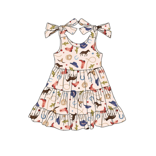 Preorder (moq 5)Baby Girls Pink Strap Boots Cactus Knee Length Dresses