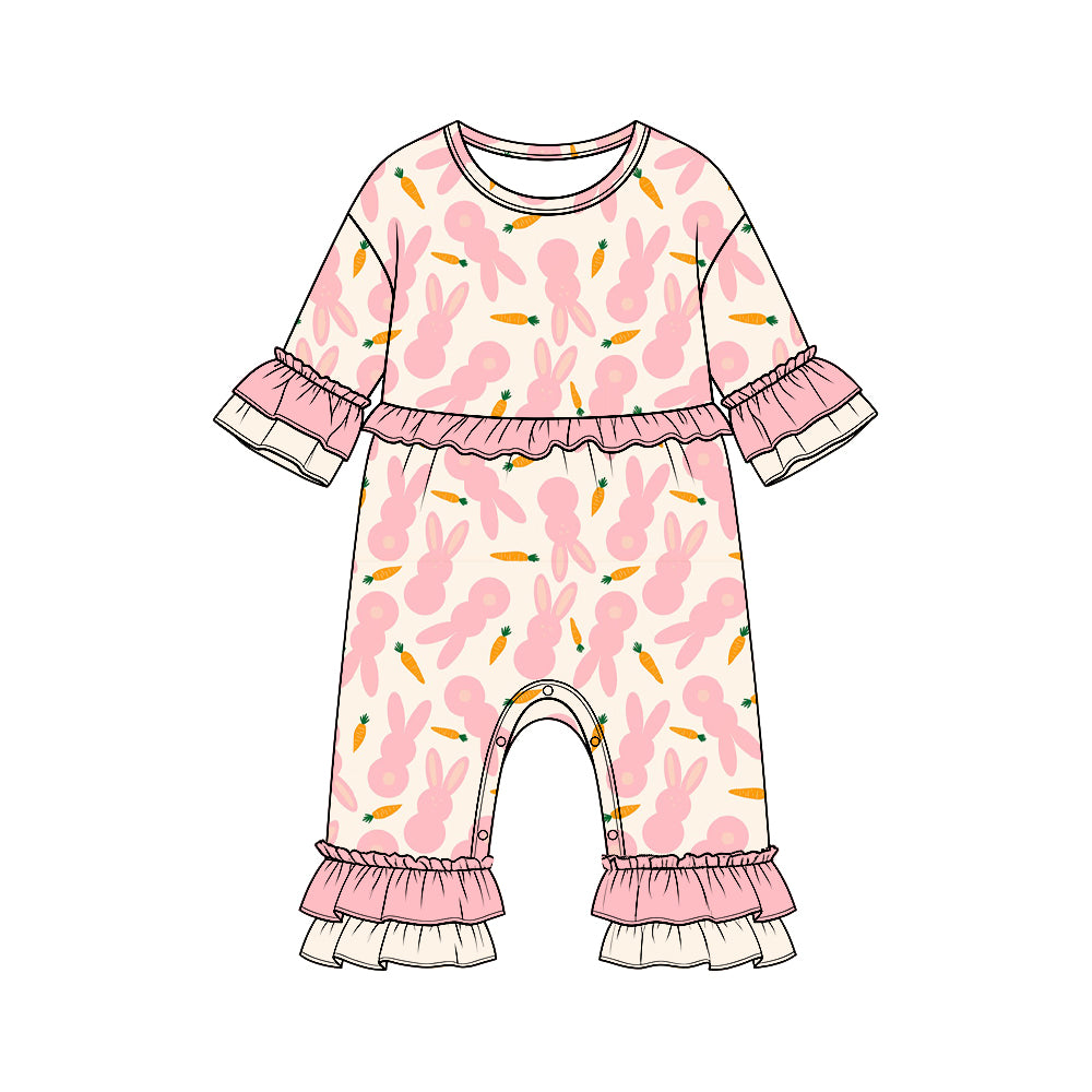 Preorder moq 5Girls’ Easter Bunny Romper, Dusty Pink Rabbit & Carrot Print, Ruffle-Trim One-Piece Spring Holiday Outfit