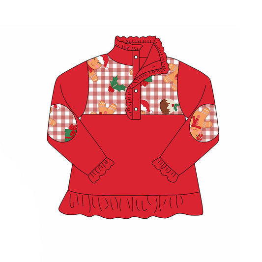 Preorder (moq 5)Baby Girls Red Long Ruffle Sleeve Gingerbread Christmas Button Polo Shirts Top