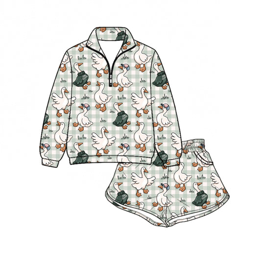 Preorder (moq 5)Baby Girls Gooses Checked Zip Pullovers Pockets Short Hunting Set
