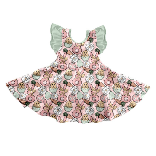 Preorder (moq 5) Baby Girl Clothes Easter Bunny Chick Daisy Mixed Print Short Sleeve Twirl Dress