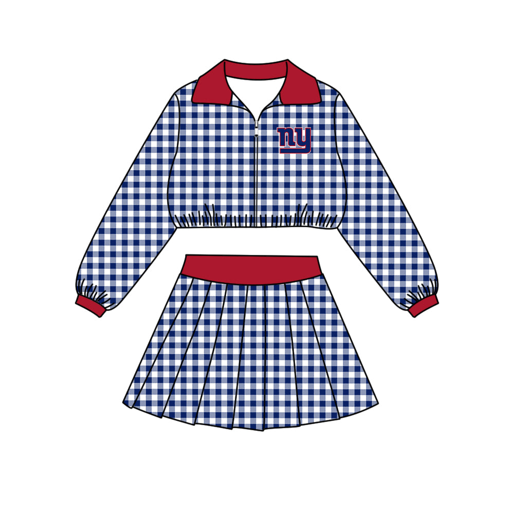 Preorder (moq 5)Baby Girls Black Checked Giants Zip Pullovers Skirt Short Team Clothes Set