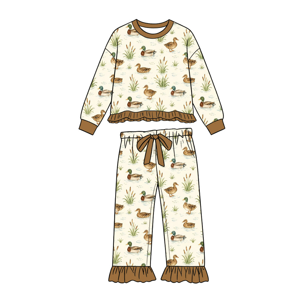Preorder (moq 5) Baby Girl Clothes Pond Mallard Duck Reeds Allover Print Long Sleeve Ruffle Top Flare Pant Set 2. Preorder (moq 5) Baby Girl Clothes Light Blu