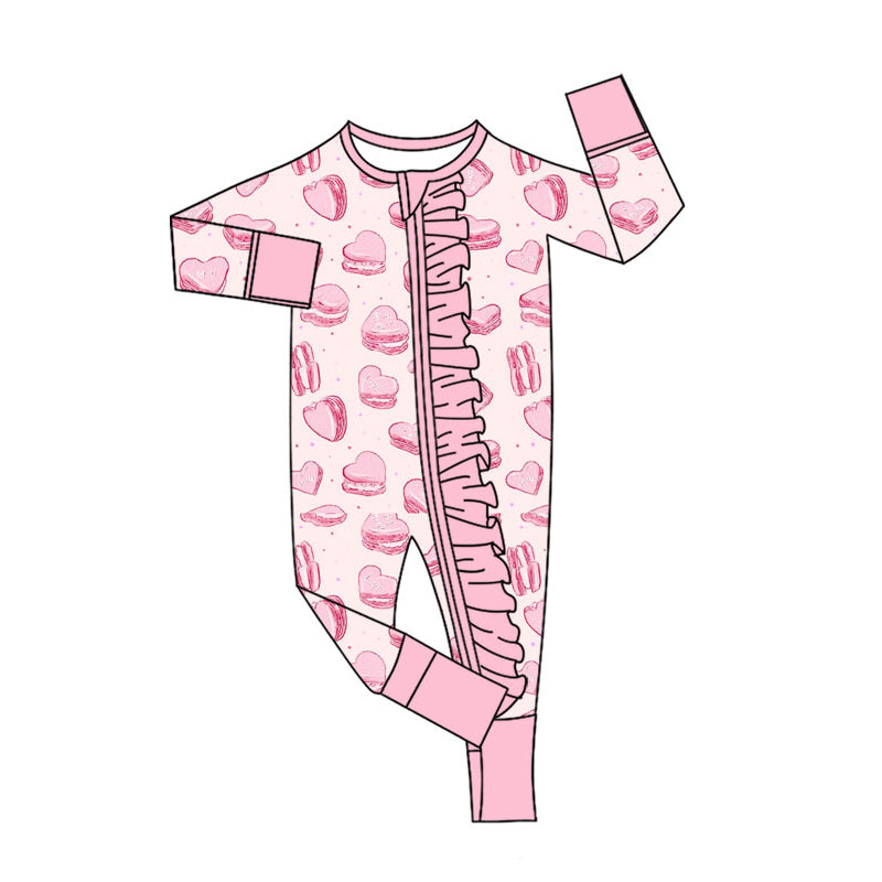 Preorder (moq 5)Baby Girls Pink Hearts Cookie Valentine Ruffle Zipper Footie Rompers