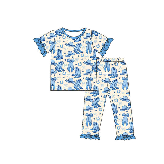 Preorder (moq 5)Baby Girls Bows Boots Hats Top Ruffle Pants Western Pajamas Sets