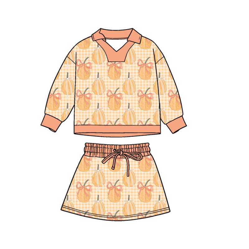 Preorder moq 5 Baby Girls Long Sleeve Bow Pumpkins Checked Top Skirt Short Fall Clothes Set