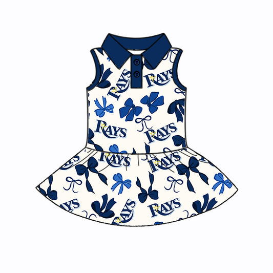 Preorder (moq 5)Baby Girls Navy Sleeveless Bows Plaid Rays Button Team Knee Length Dresses