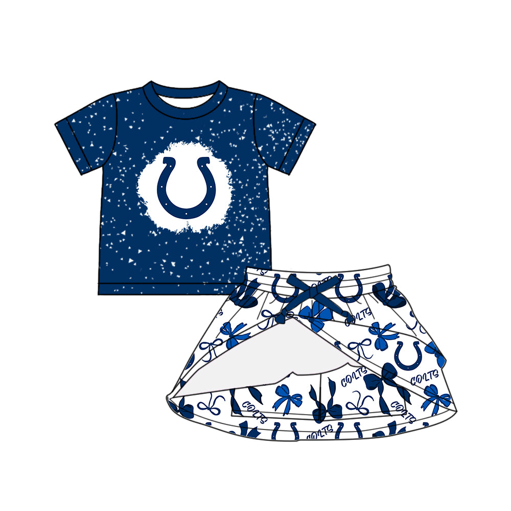 Preorder (moq 5)Baby Girls Blue Short Sleeves Colts Top Bows Plaid Skorts Team Set