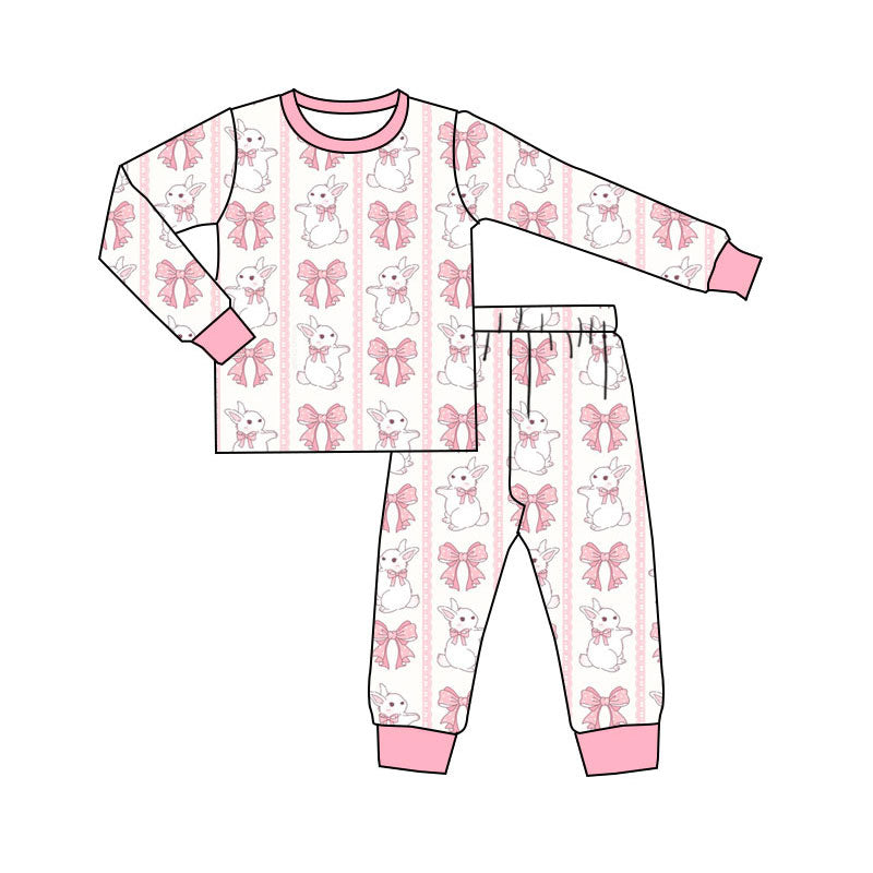 Preorder(moq 5) Baby Girls Pink Bows Rabbits Stripe Top Pants Easter Pajamas Sets