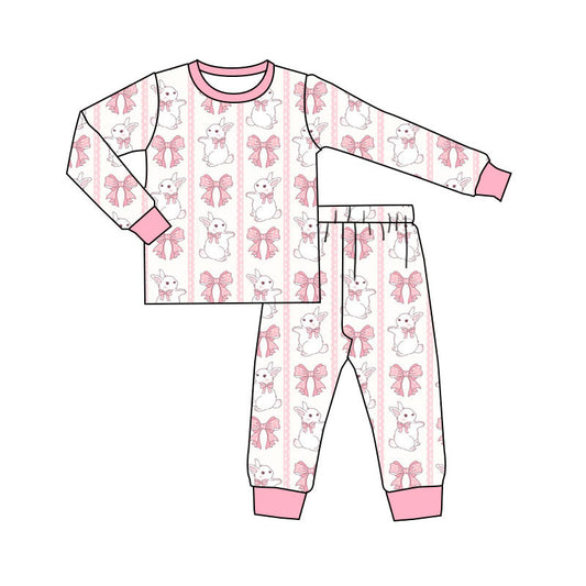 Preorder(moq 5) Baby Girls Pink Bows Rabbits Stripe Top Pants Easter Pajamas Sets
