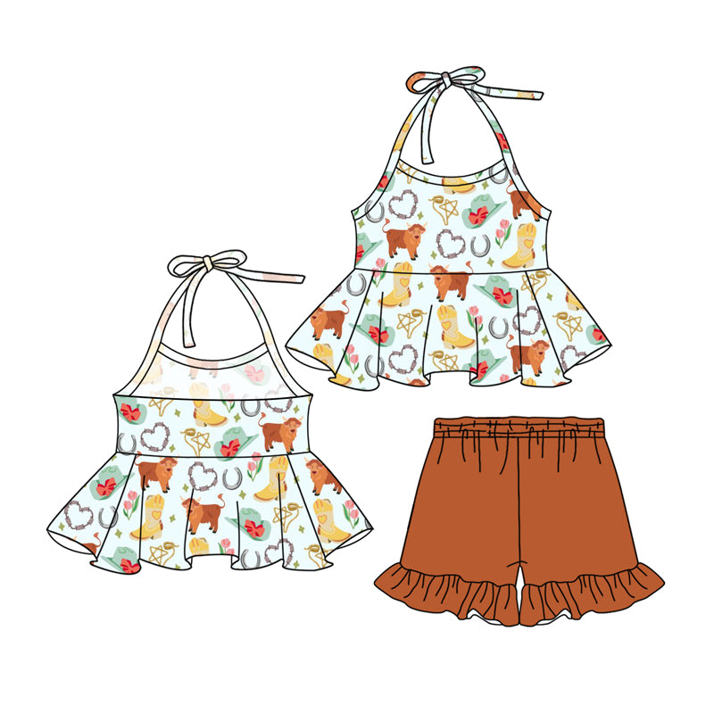 Preorder (moq 5)Baby Girls Strap Highland Cows Hats Tunic Brown Ruffle Short Sets
