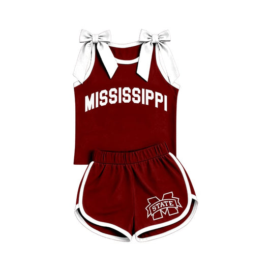 Preorder (moq 5)Baby Girls Mississippi Bows Sleeveless Top Shorts Team Clothes Sets
