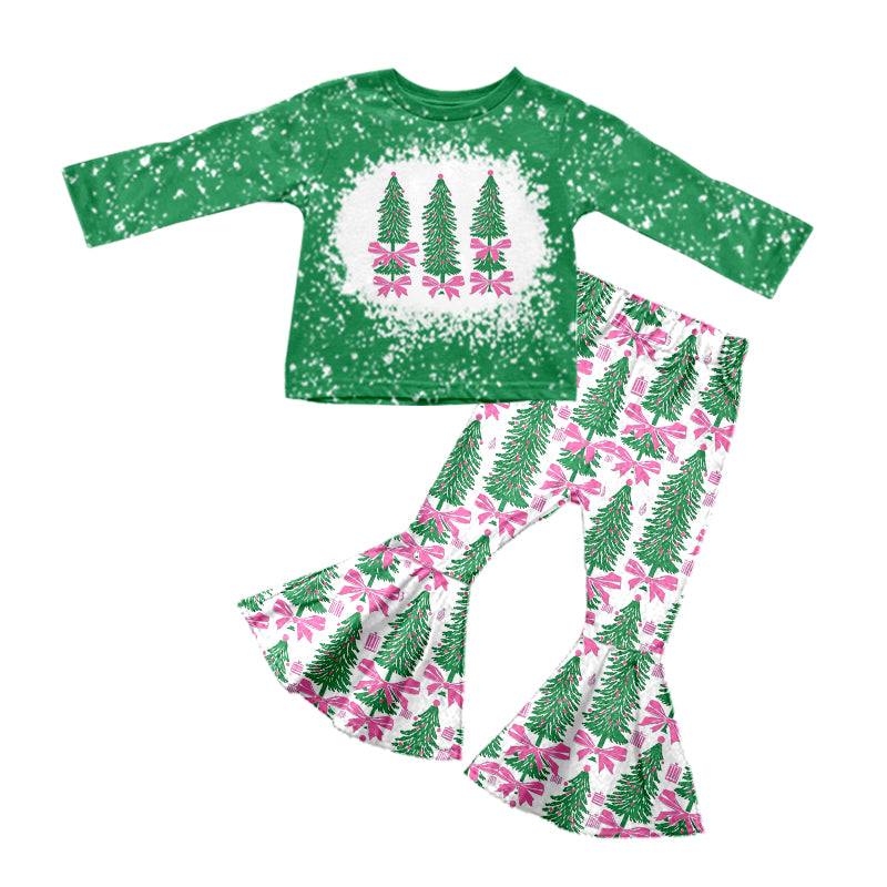 Baby Girls Christmas Green Tree Bow Shirt Bell Pants Clothes Sets Preorder(moq 5)