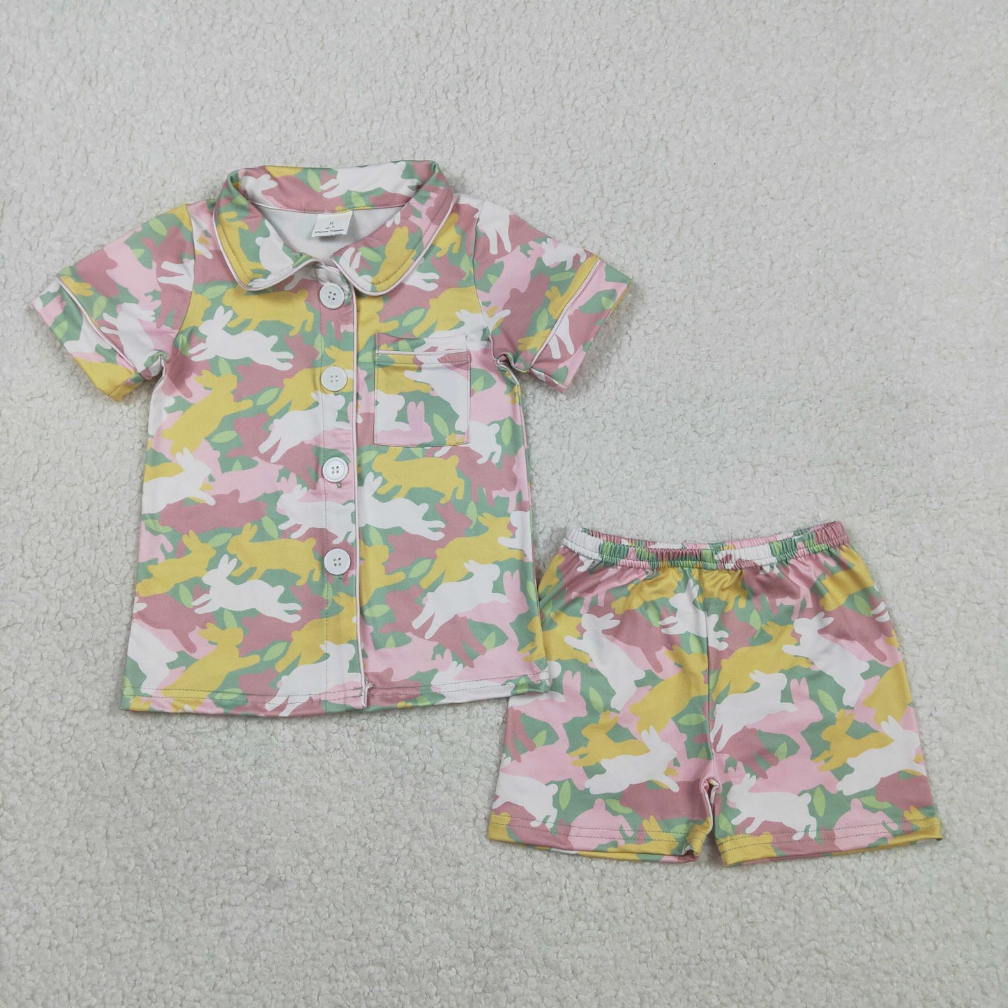 Baby Girls Rabbits Camo Button Pocket Top Shorts Easter Pajamas Sets