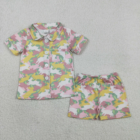 Baby Girls Rabbits Camo Button Pocket Top Shorts Easter Pajamas Sets