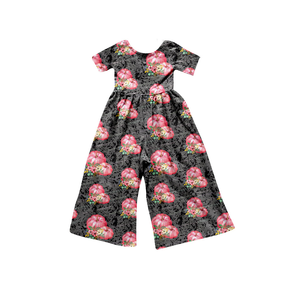 Baby Girls Pumpkin Fall Pink Flowers Short Sleeve Pants Jumpsuits Preorder(moq 5)