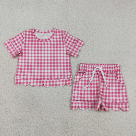 Baby Girls Pink Checked Shirts Top Scallop Pockets Shorts Clothes Set