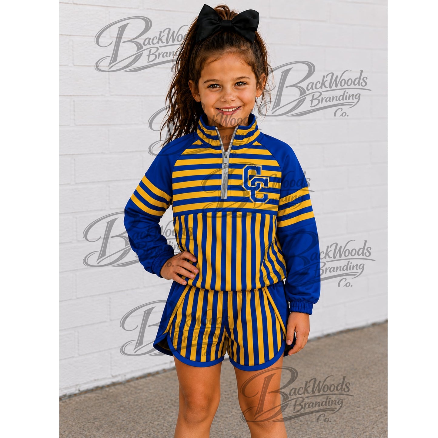 Preorder (moq 5)Baby Girls Blue Yellow Stripe Zip Pullovers Short Team Clothes Sets