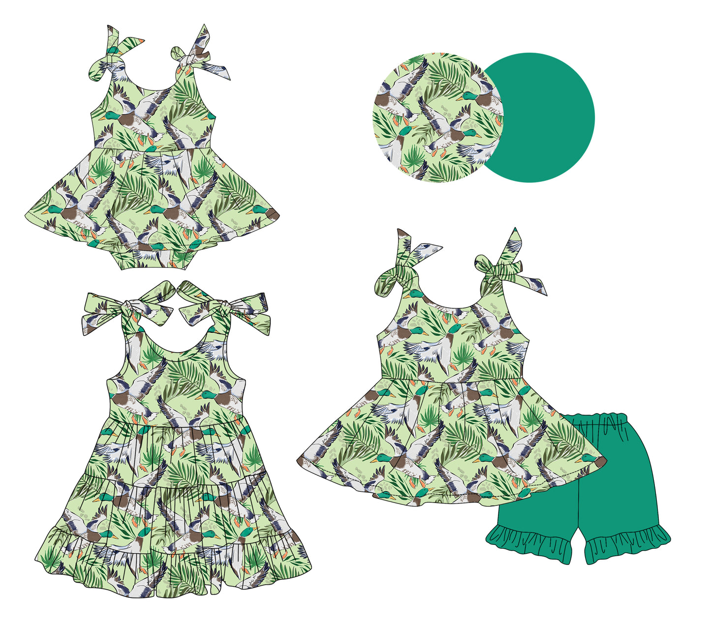 Preorder moq 5 Custom Baby Girls Green Ducks Floral Tunic Ruffle Short Set Knee Length Dress Bummies Dress Rompers