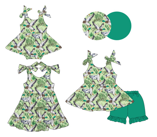 Preorder moq 5 Custom Baby Girls Green Ducks Floral Tunic Ruffle Short Set Knee Length Dress Bummies Dress Rompers