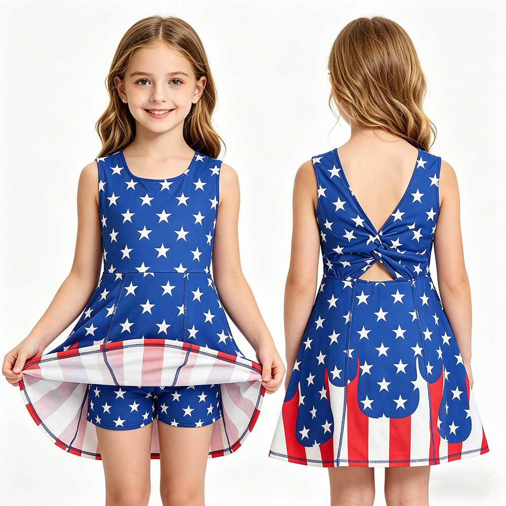 Baby Girls Stars Stripe Yoga Active Short 4th of July Knee Length Dress