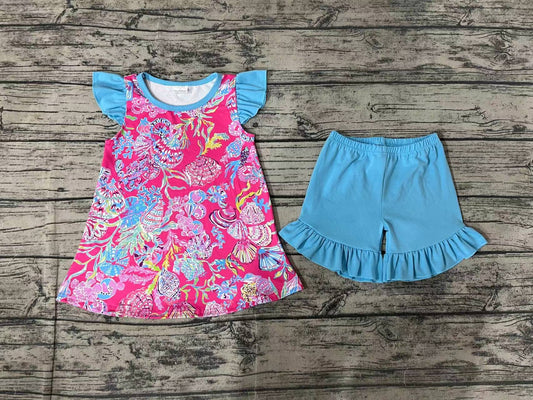 Baby Girls Sea Shells Pink Tunic Ruffle Shorts Clothes Sets