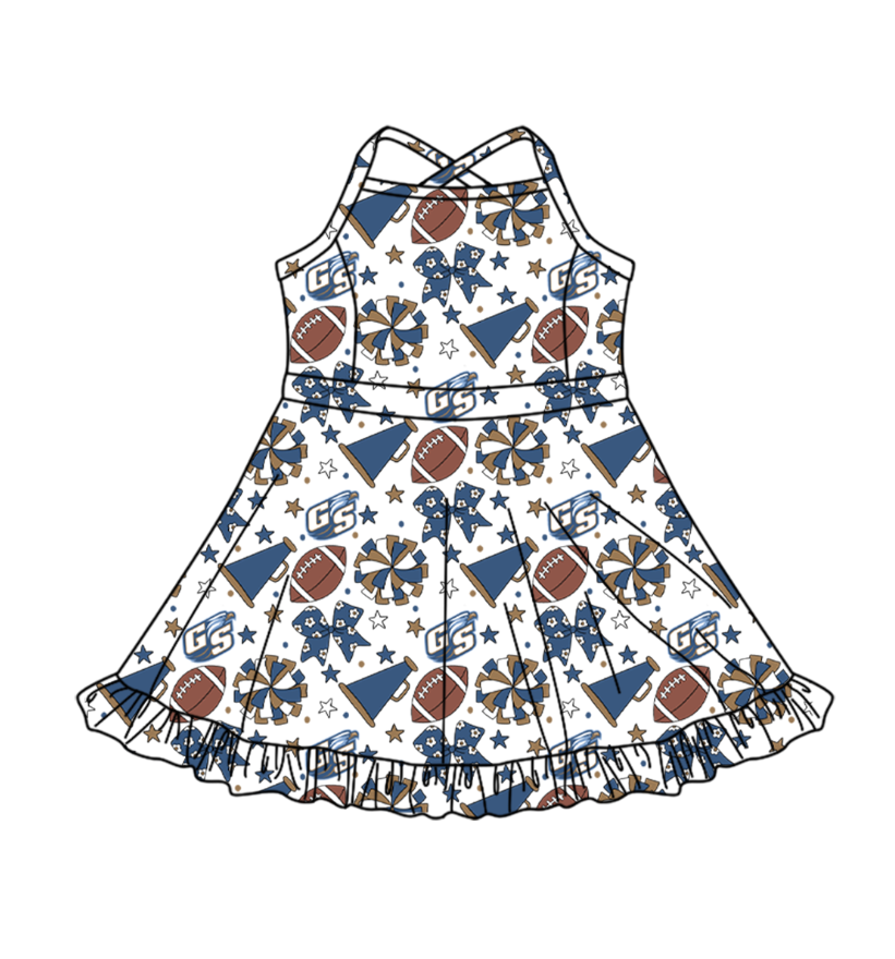 Preorder (moq 5)Baby Girls Strap Bows Stars Footballs Team Shorts Ruffle Knee Length Dress