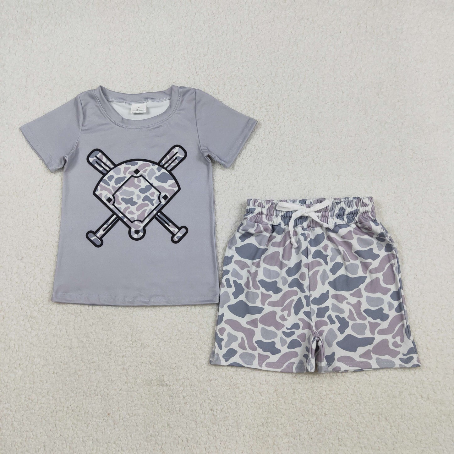 Baby Boys Light Grey Camo Baseballs Top Pockets Shorts Team Clothes Sets