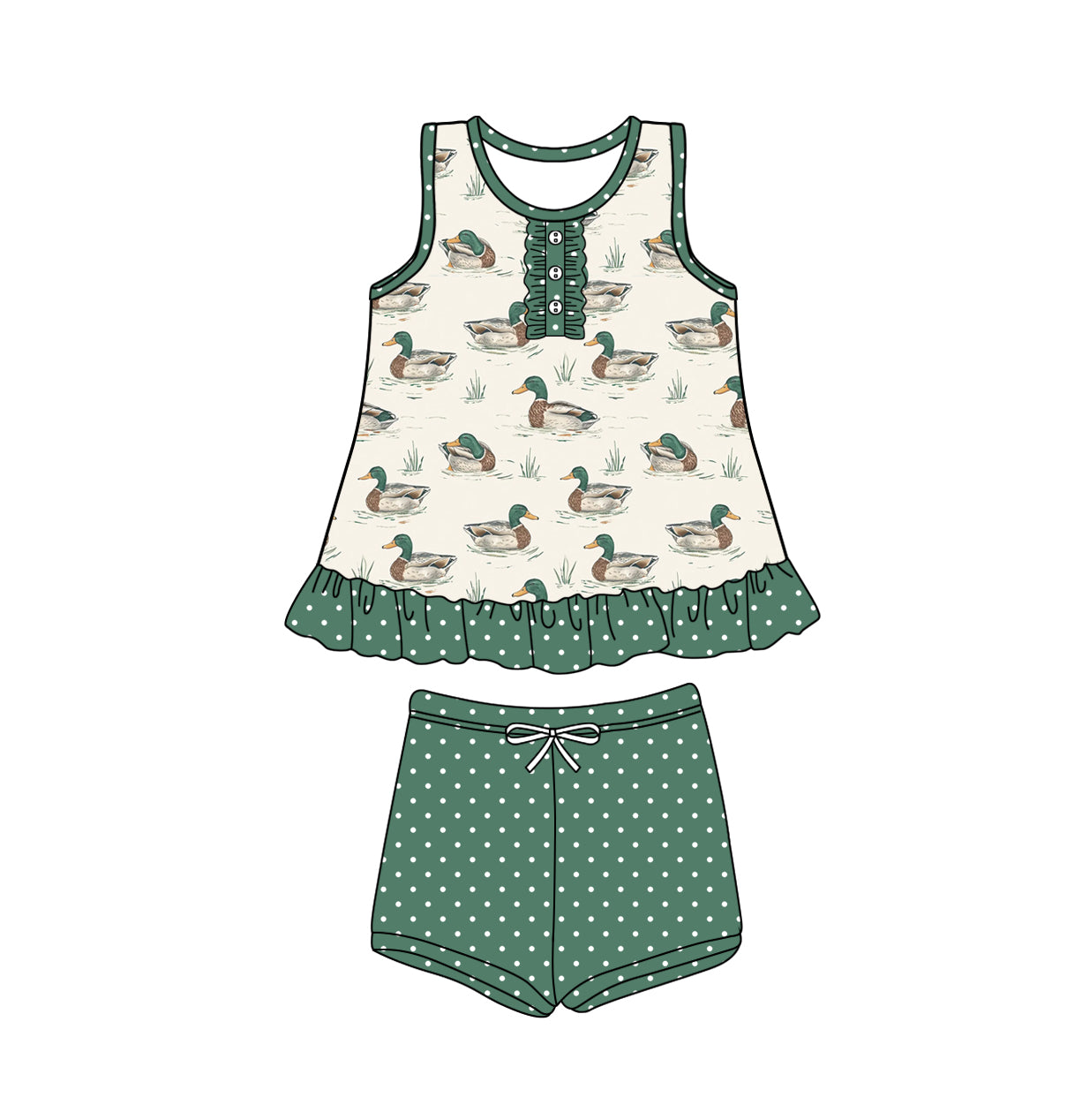Preorder (moq 5)Baby Girls Green Sleeveless Button Ducks Tunic Polka Dots Short Set