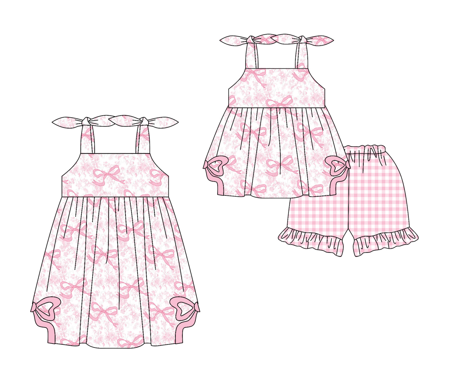 Preorder moq 5 Custom Baby Girls Strap Pink Bows Floral Tunic Ruffle Plaid Short Set Knee Length Dress