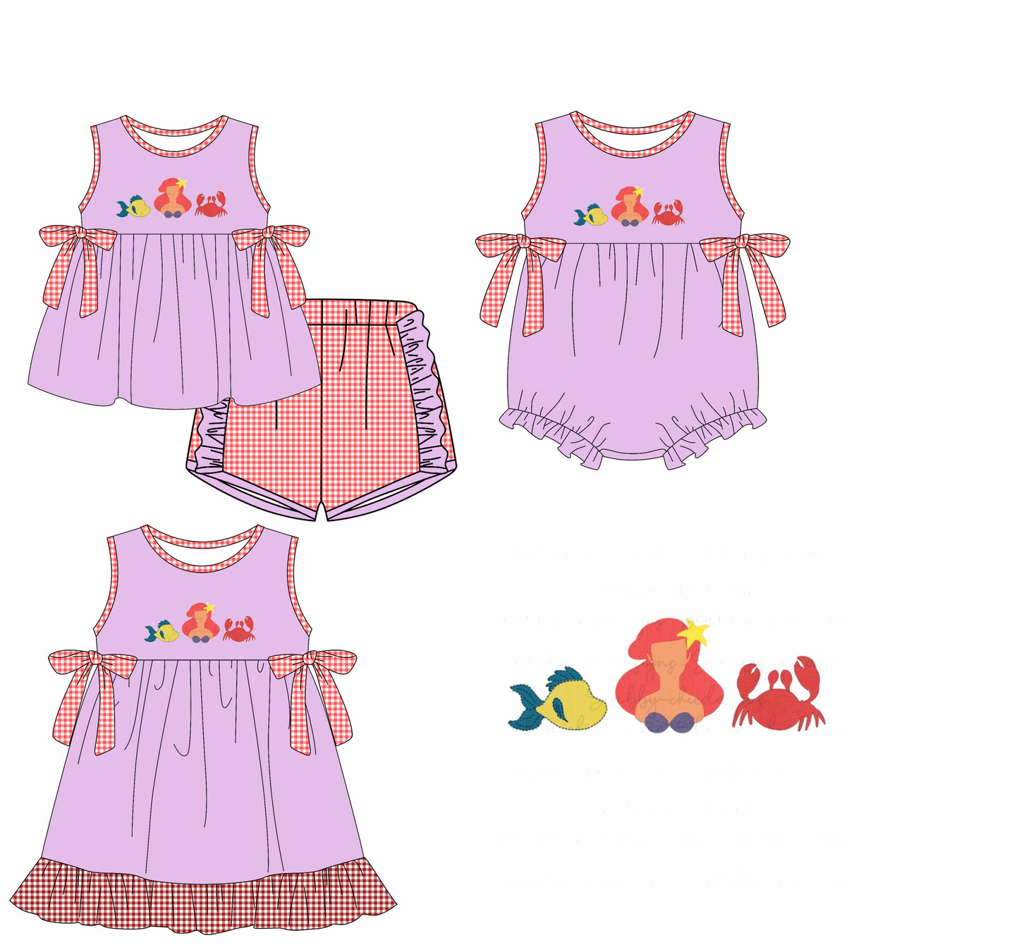 Preorder moq 5 Custom Baby Girls Lavender Sleeveless Mermaid Fishes Tunic Plaid Ruffle Short Set Knee Length Dress Rompers